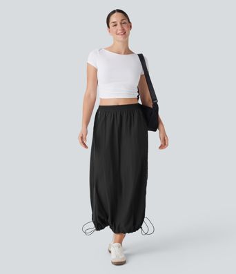 High Waisted Color Block Stripe Cinchable Hem A-line Midi Casual Skirt with Pockets