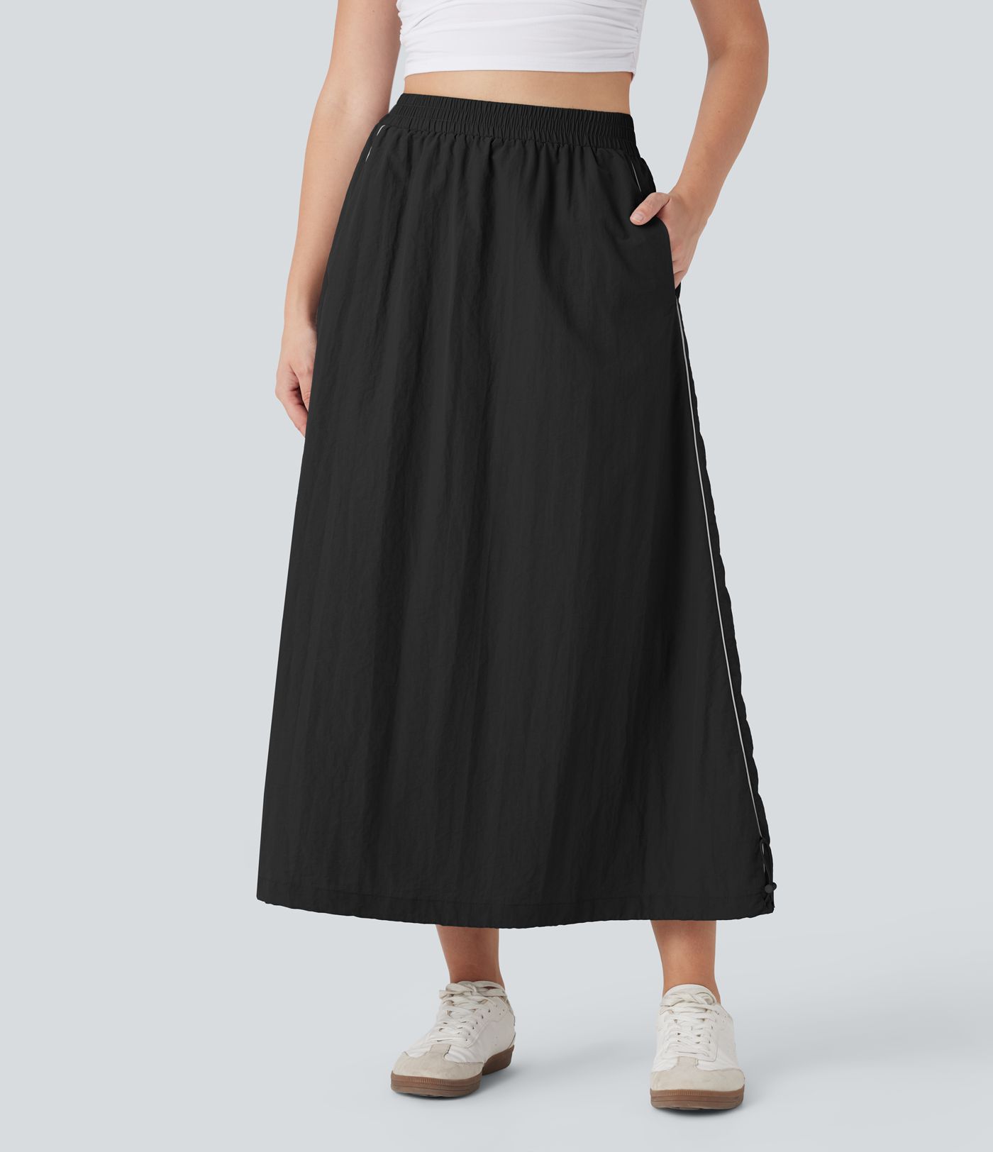 High Waisted Color Block Stripe Cinchable Hem A-line Midi Casual Skirt with Pockets
