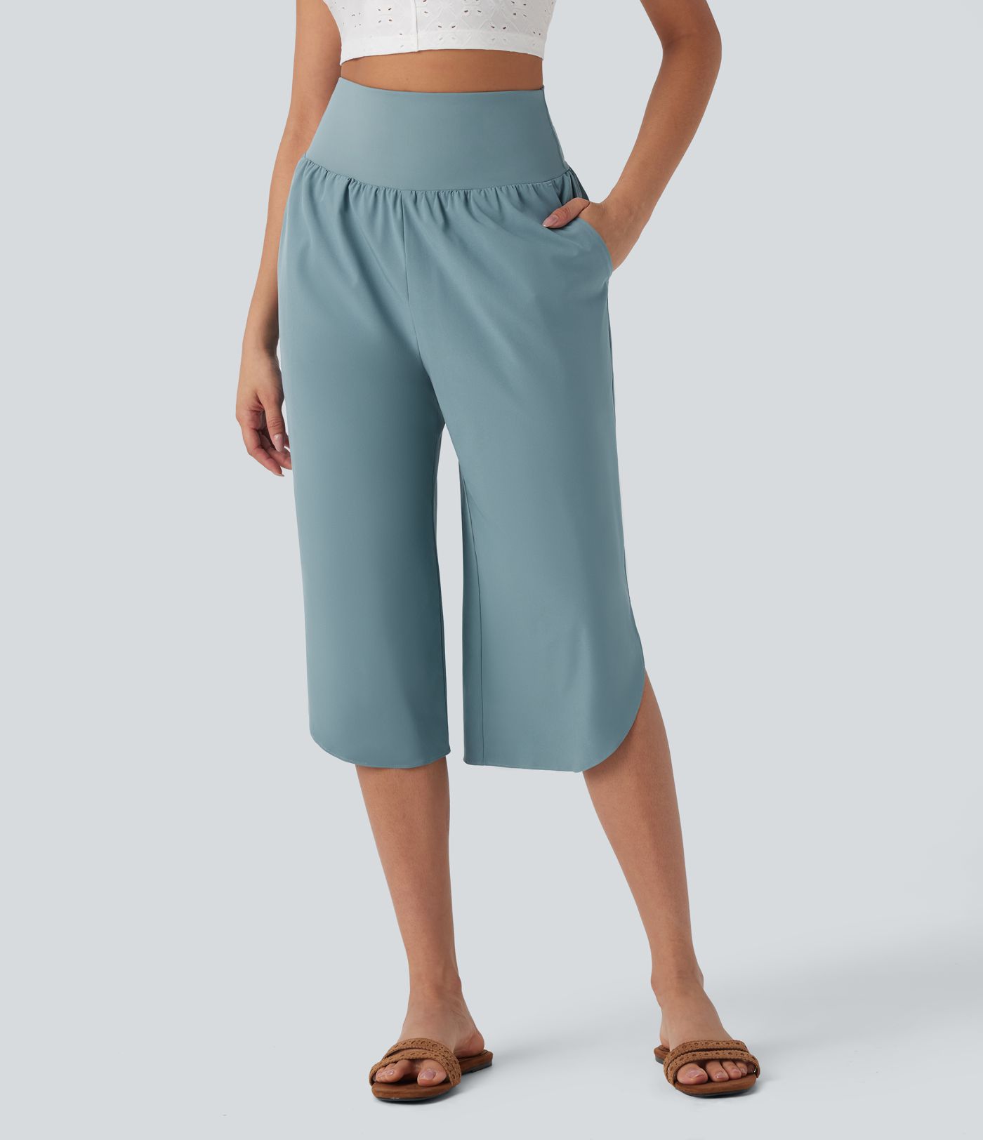 Breezeful™ High Waisted Tummy Control Hem Quick Dry Capri Pants with Pockets