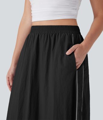 High Waisted Color Block Stripe Cinchable Hem A-line Midi Casual Skirt with Pockets
