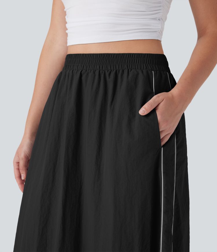 High Waisted Color Block Stripe Cinchable Hem A-line Midi Casual Skirt with Pockets