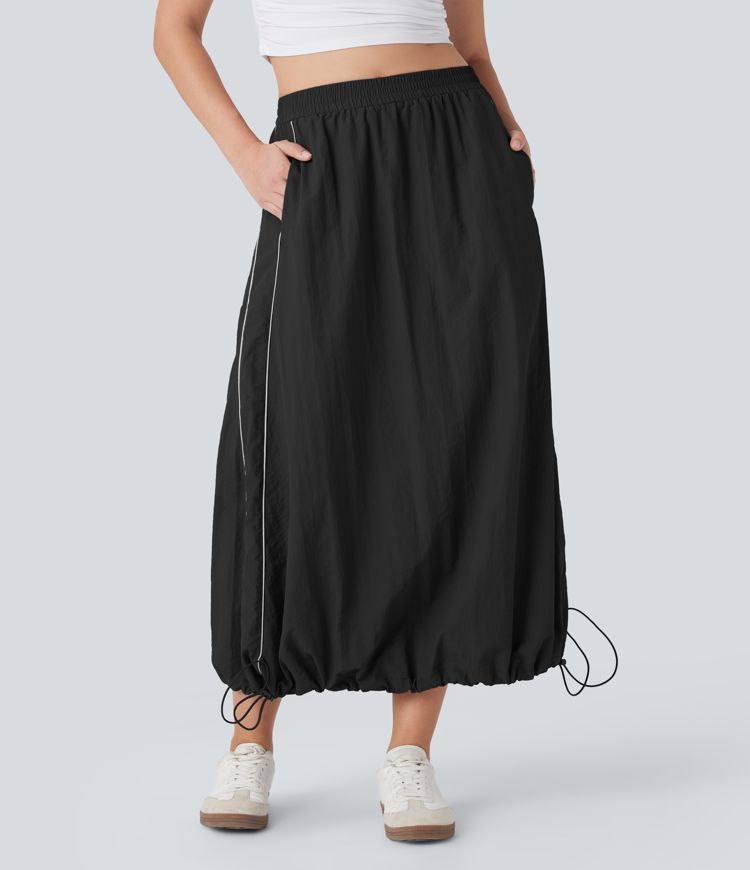 High Waisted Color Block Stripe Cinchable Hem A-line Midi Casual Skirt with Pockets