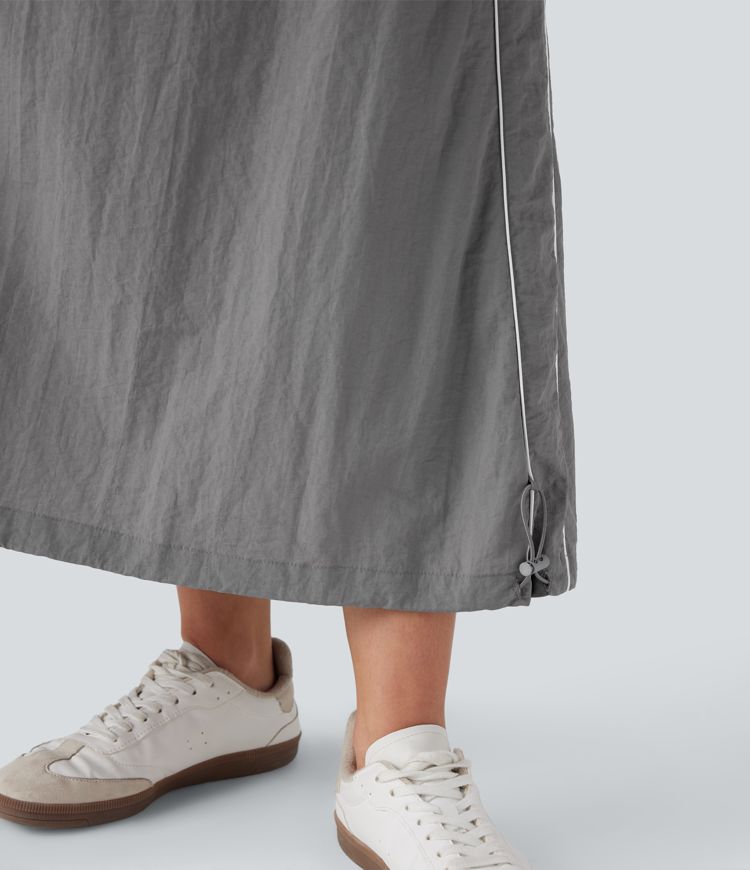 High Waisted Color Block Stripe Cinchable Hem A-line Midi Casual Skirt with Pockets