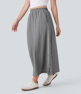 High Waisted Color Block Stripe Cinchable Hem A-line Midi Casual Skirt with Pockets
