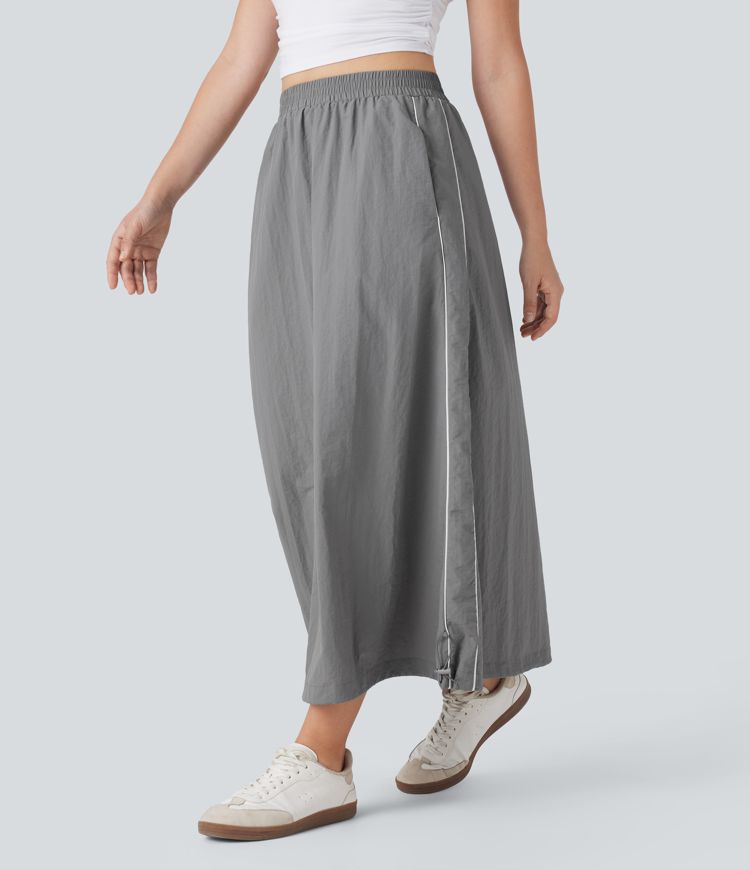 High Waisted Color Block Stripe Cinchable Hem A-line Midi Casual Skirt with Pockets