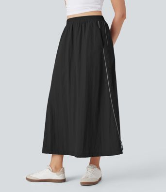 High Waisted Color Block Stripe Cinchable Hem A-line Midi Casual Skirt with Pockets
