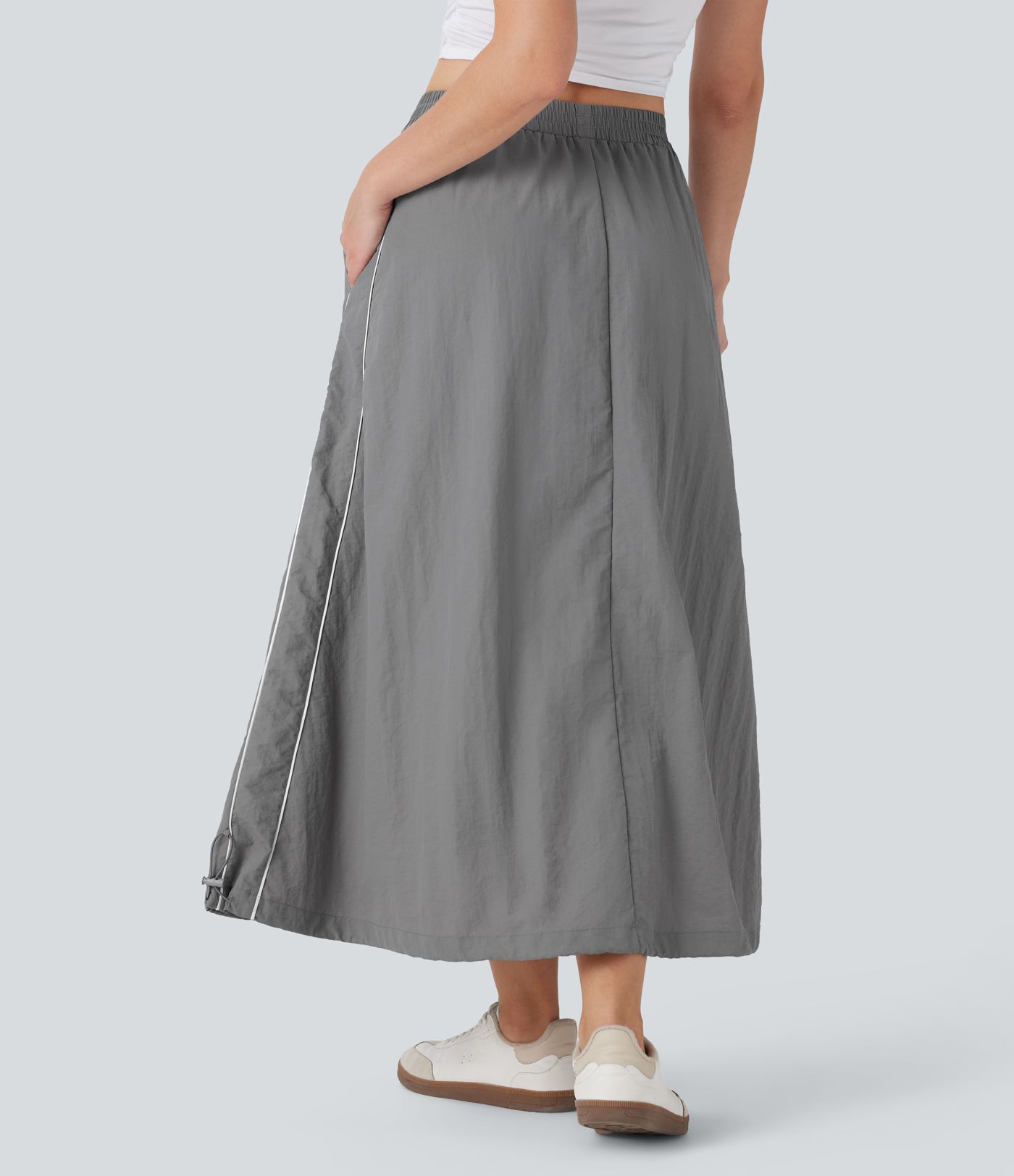 High Waisted Color Block Stripe Cinchable Hem A-line Midi Casual Skirt with Pockets
