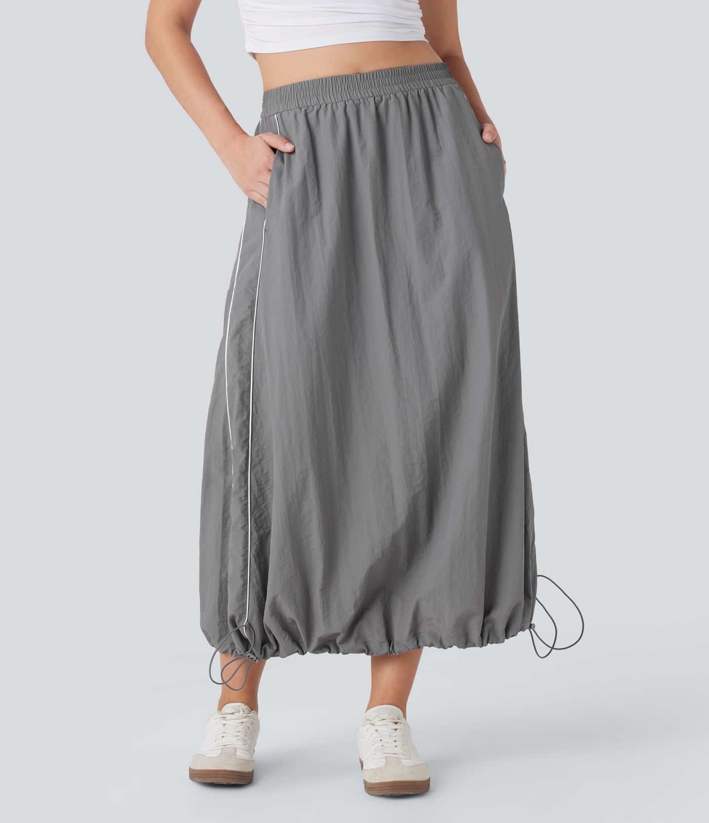 High Waisted Color Block Stripe Cinchable Hem A-line Midi Casual Skirt with Pockets