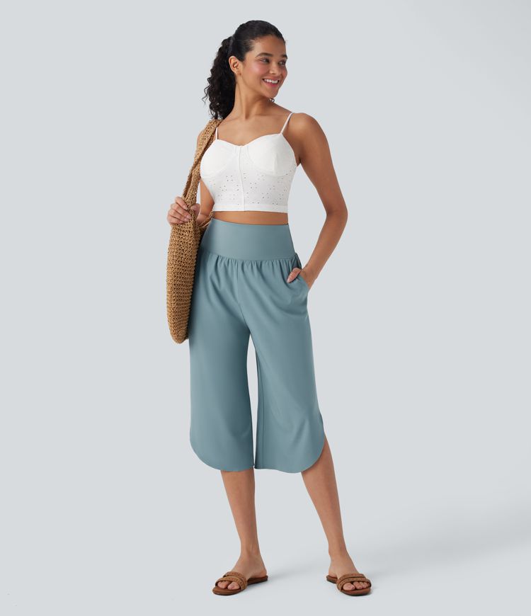 Breezeful™ High Waisted Tummy Control Hem Quick Dry Capri Pants with Pockets
