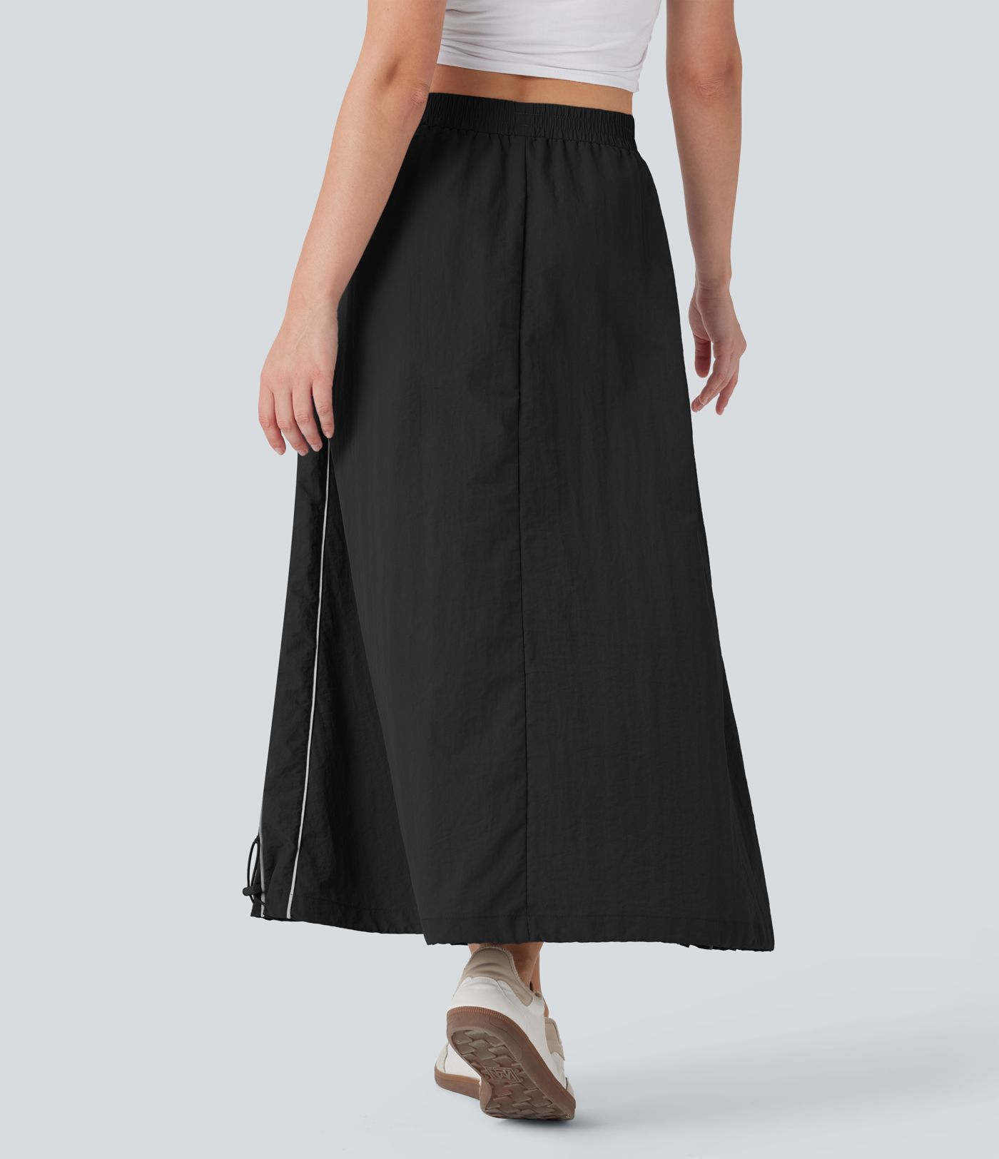 High Waisted Color Block Stripe Cinchable Hem A-line Midi Casual Skirt with Pockets