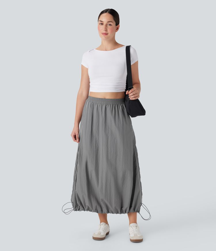 High Waisted Color Block Stripe Cinchable Hem A-line Midi Casual Skirt with Pockets