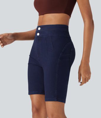Halara Flex™ High Waisted Butt Lifting Stretchy Knit Denim Casual Bike Shorts with Pockets Halara Flex™ High Waisted Butt Lifting Stretchy Knit Denim Casual Bike Shorts with Pockets