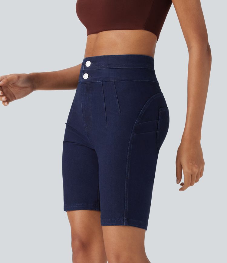 Halara Flex™ High Waisted Butt Lifting Stretchy Knit Denim Casual Bike Shorts with Pockets Halara Flex™ High Waisted Butt Lifting Stretchy Knit Denim Casual Bike Shorts with Pockets