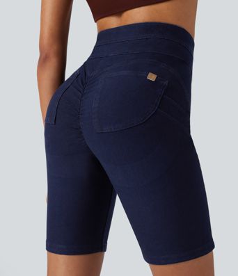 Halara Flex™ High Waisted Butt Lifting Stretchy Knit Denim Casual Bike Shorts with Pockets Halara Flex™ High Waisted Butt Lifting Stretchy Knit Denim Casual Bike Shorts with Pockets