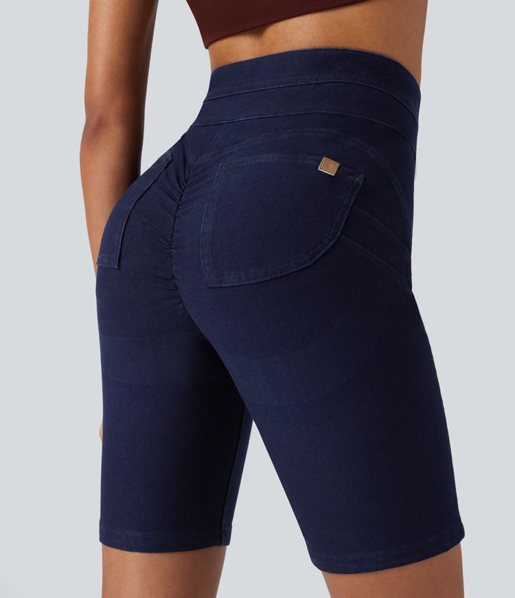Halara Flex™ High Waisted Butt Lifting Stretchy Knit Denim Casual Bike Shorts with Pockets Halara Flex™ High Waisted Butt Lifting Stretchy Knit Denim Casual Bike Shorts with Pockets