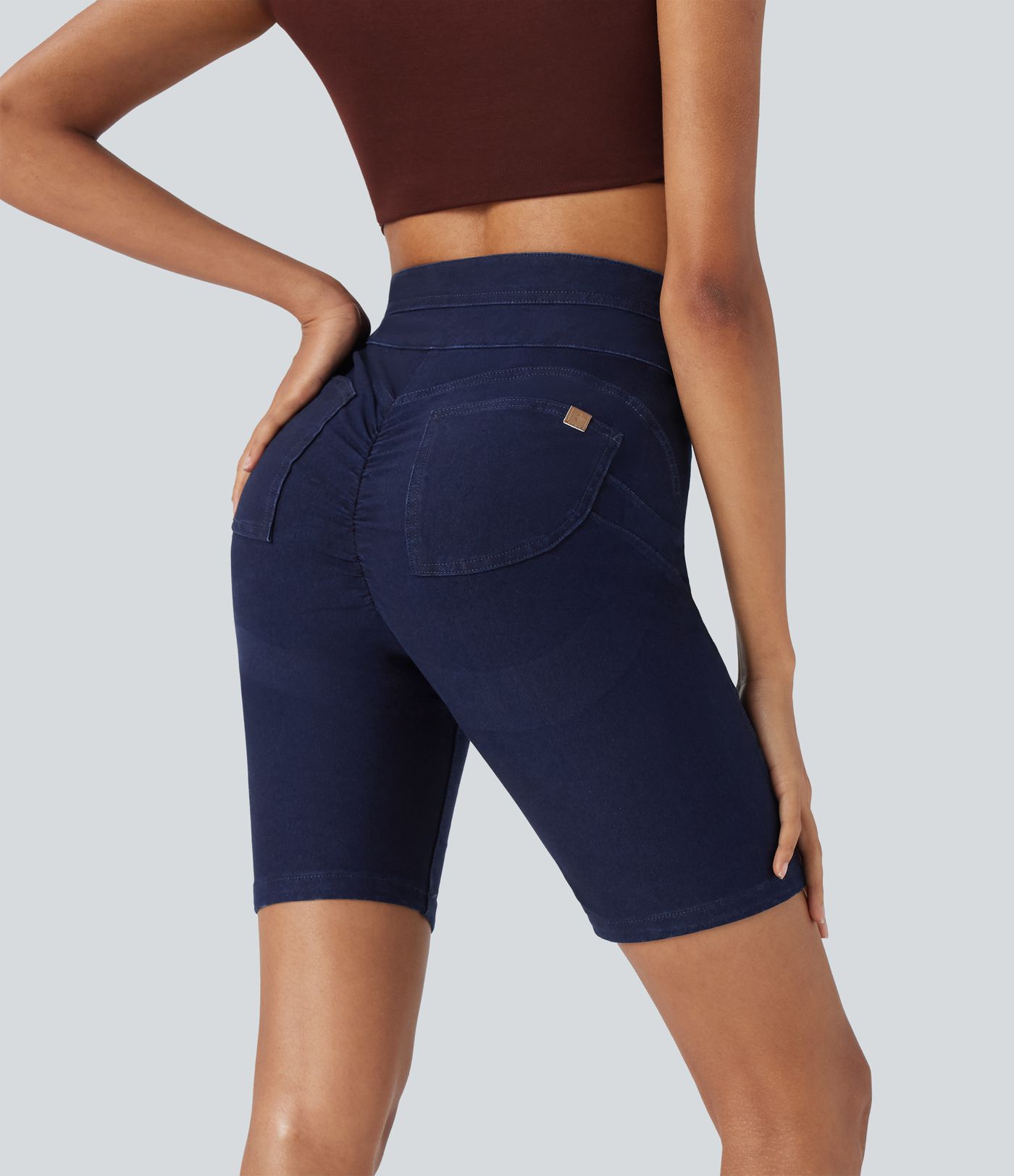 Halara Flex™ High Waisted Butt Lifting Stretchy Knit Denim Casual Bike Shorts with Pockets Halara Flex™ High Waisted Butt Lifting Stretchy Knit Denim Casual Bike Shorts with Pockets
