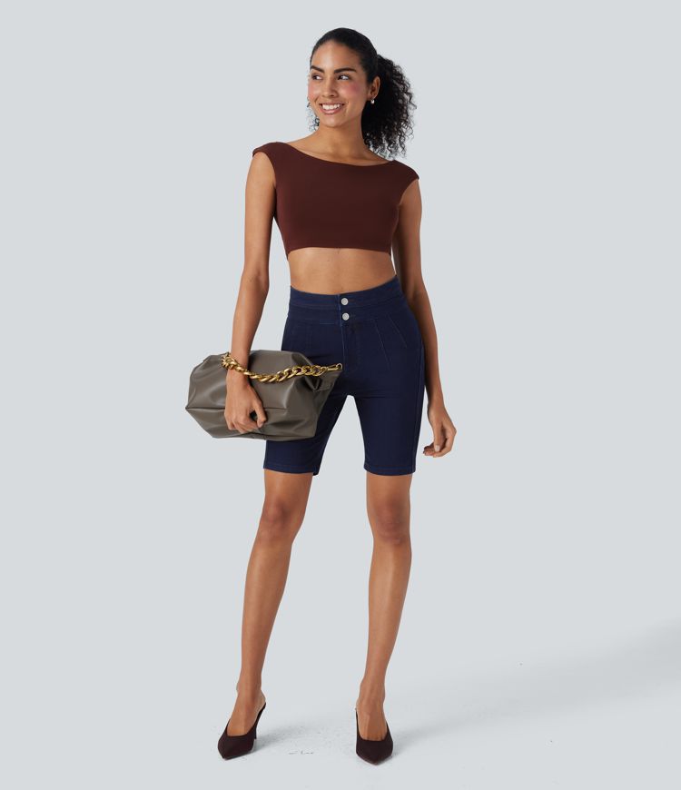 Halara Flex™ High Waisted Butt Lifting Stretchy Knit Denim Casual Bike Shorts with Pockets Halara Flex™ High Waisted Butt Lifting Stretchy Knit Denim Casual Bike Shorts with Pockets