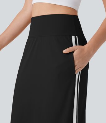 SoftlyZero™ QuickDry High Waisted Tummy Control 2-in-1 Color Block Midi Workout Skirt with Pockets