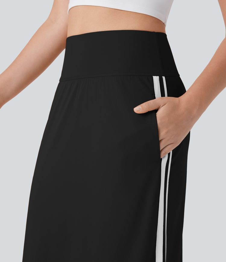SoftlyZero™ QuickDry High Waisted Tummy Control 2-in-1 Color Block Midi Workout Skirt with Pockets
