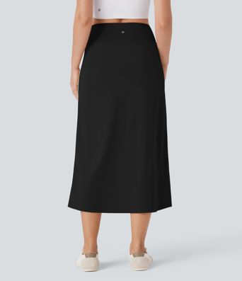 SoftlyZero™ QuickDry High Waisted Tummy Control 2-in-1 Color Block Midi Workout Skirt with Pockets