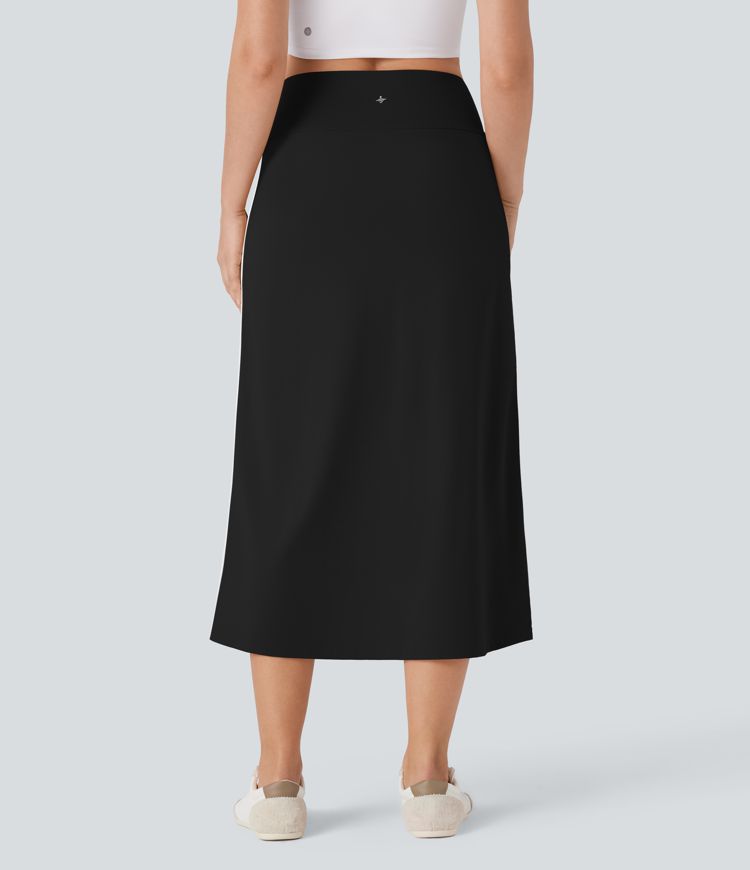 SoftlyZero™ QuickDry High Waisted Tummy Control 2-in-1 Color Block Midi Workout Skirt with Pockets
