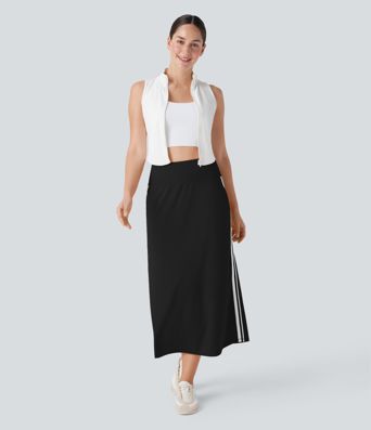 SoftlyZero™ QuickDry High Waisted Tummy Control 2-in-1 Color Block Midi Workout Skirt with Pockets