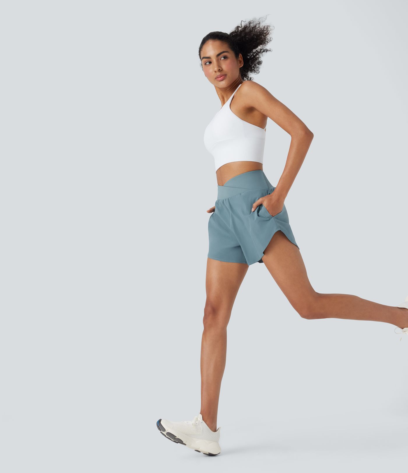 Breezeful™ High Waisted Crossover 2-in-1 Quick Dry Yoga Shorts with Pockets