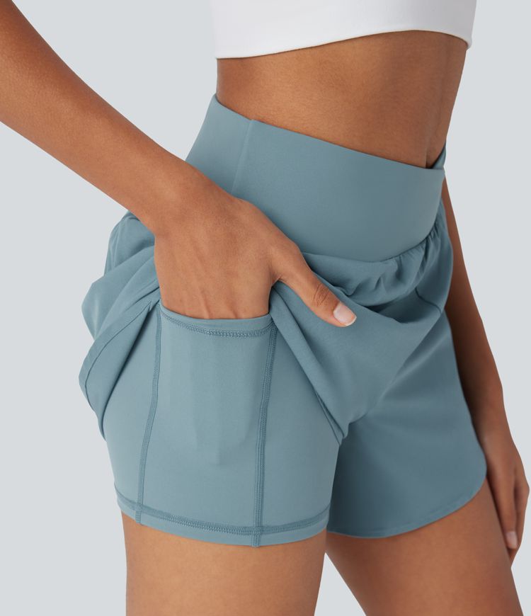 Breezeful™ High Waisted Crossover 2-in-1 Quick Dry Yoga Shorts with Pockets