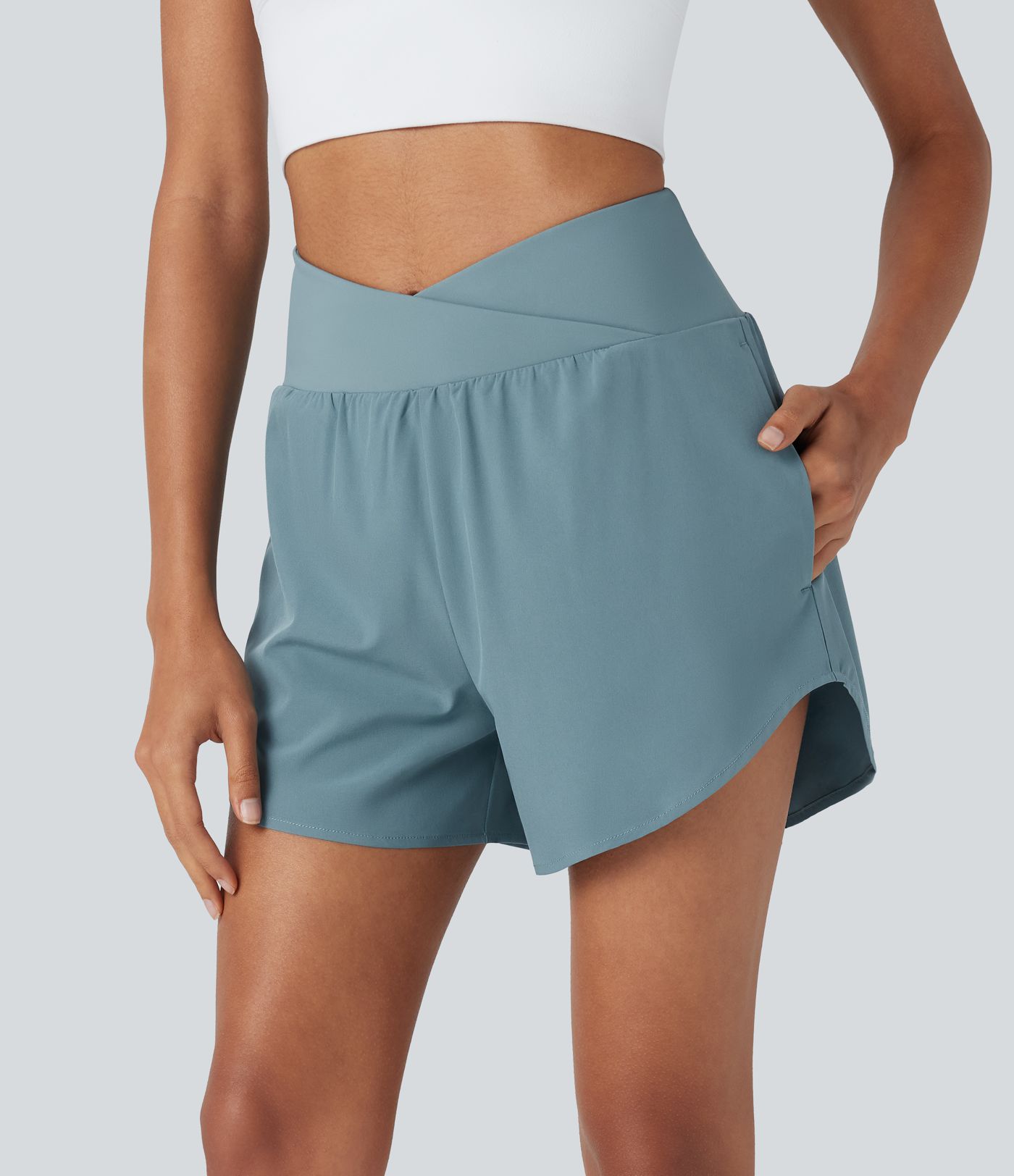Breezeful™ High Waisted Crossover 2-in-1 Quick Dry Yoga Shorts with Pockets
