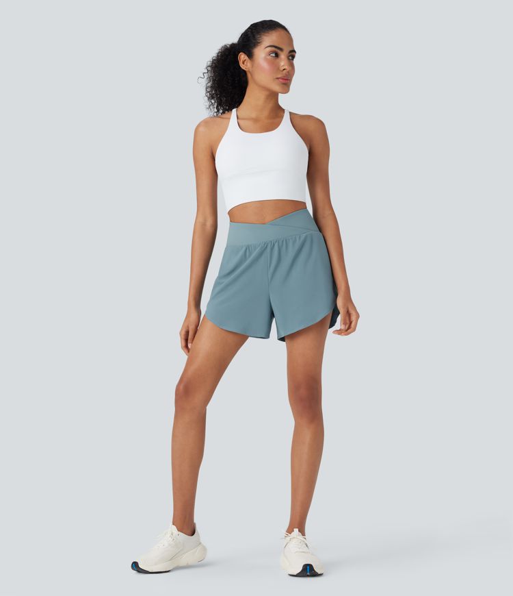 Breezeful™ High Waisted Crossover 2-in-1 Quick Dry Yoga Shorts with Pockets