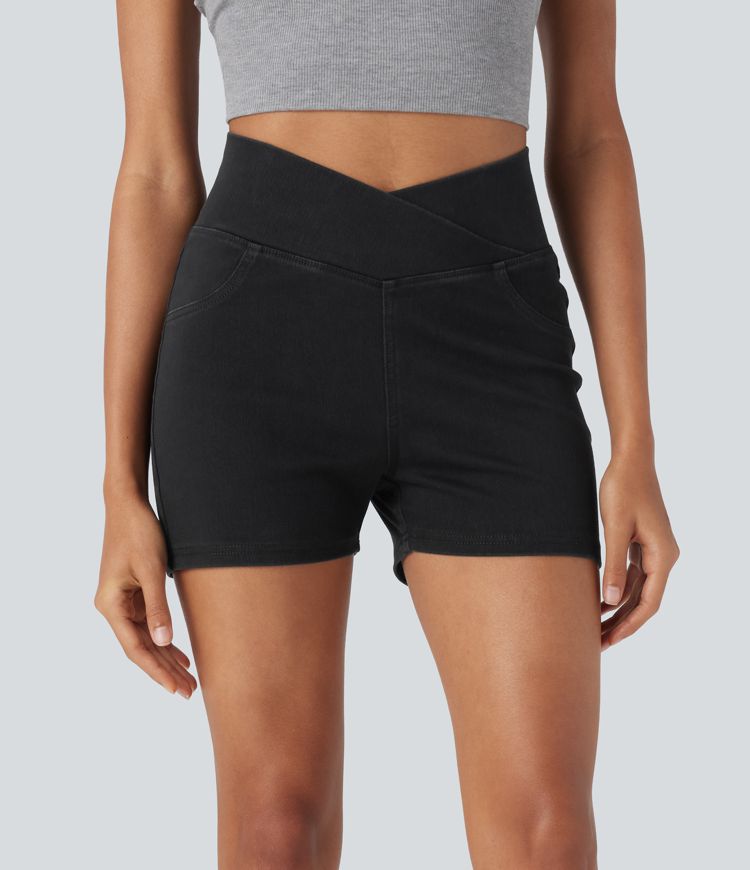 HalaraMagic™ High Waisted Crossover Back Side Pocket Stretchy Knit Denim Casual Shorts 3"
