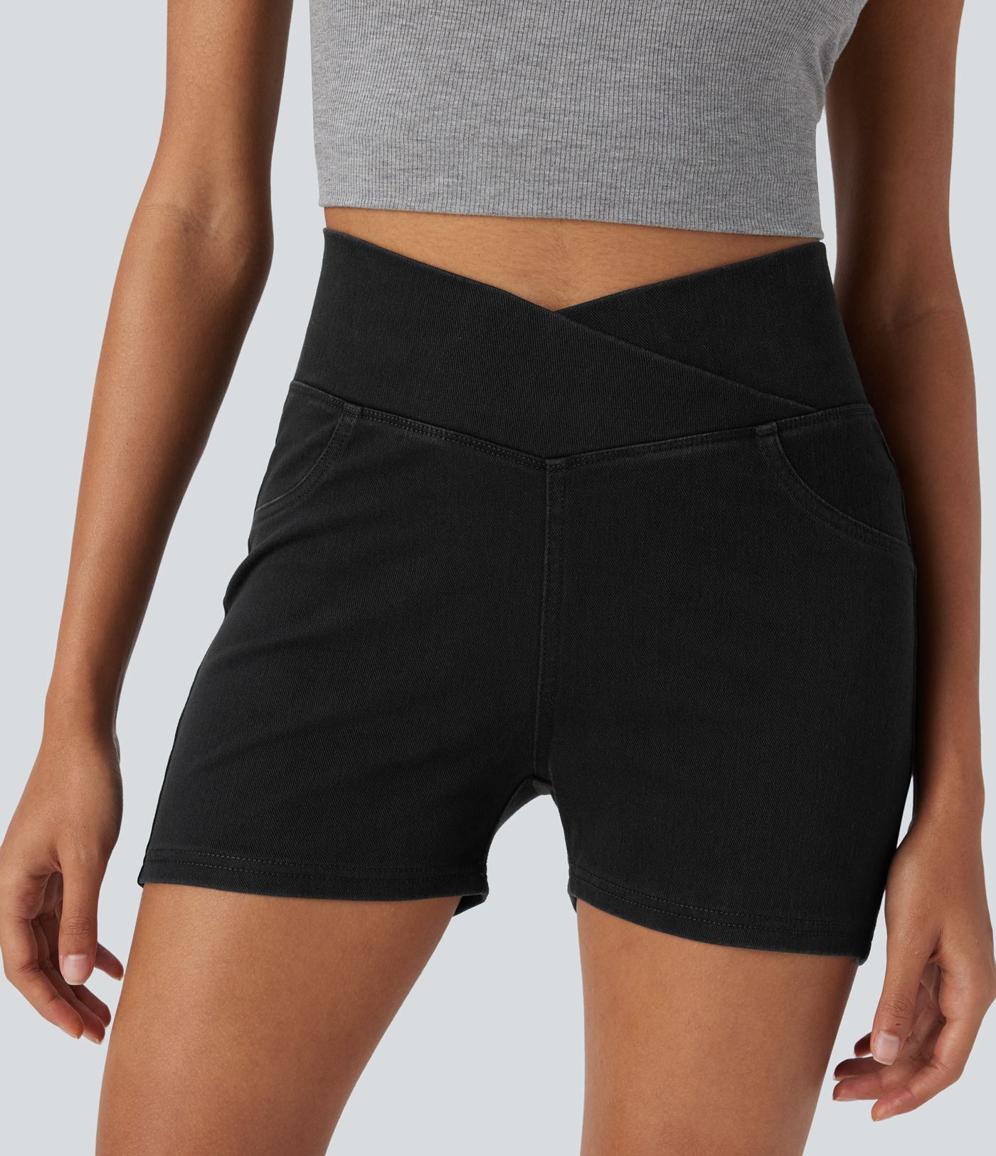 Halara Flex™ High Waisted Crossover Pocket Denim Casual Shorts 3"