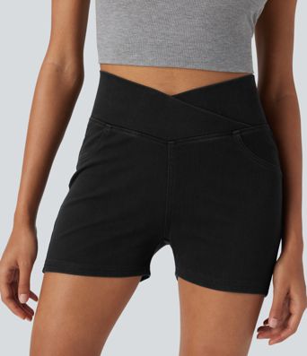 Halara Flex™ High Waisted Crossover Pocket Denim Casual Shorts 3"