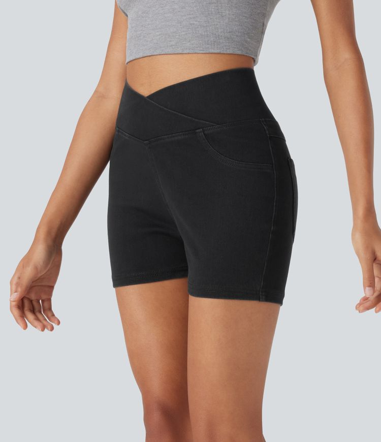 HalaraMagic™ High Waisted Crossover Back Side Pocket Stretchy Knit Denim Casual Shorts 3"