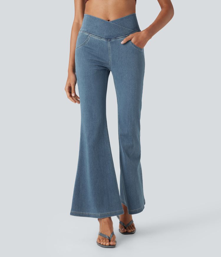 HalaraMagic™ High Waisted Crossover Pocket Washed Stretchy Knit Casual Super Flare Jeans