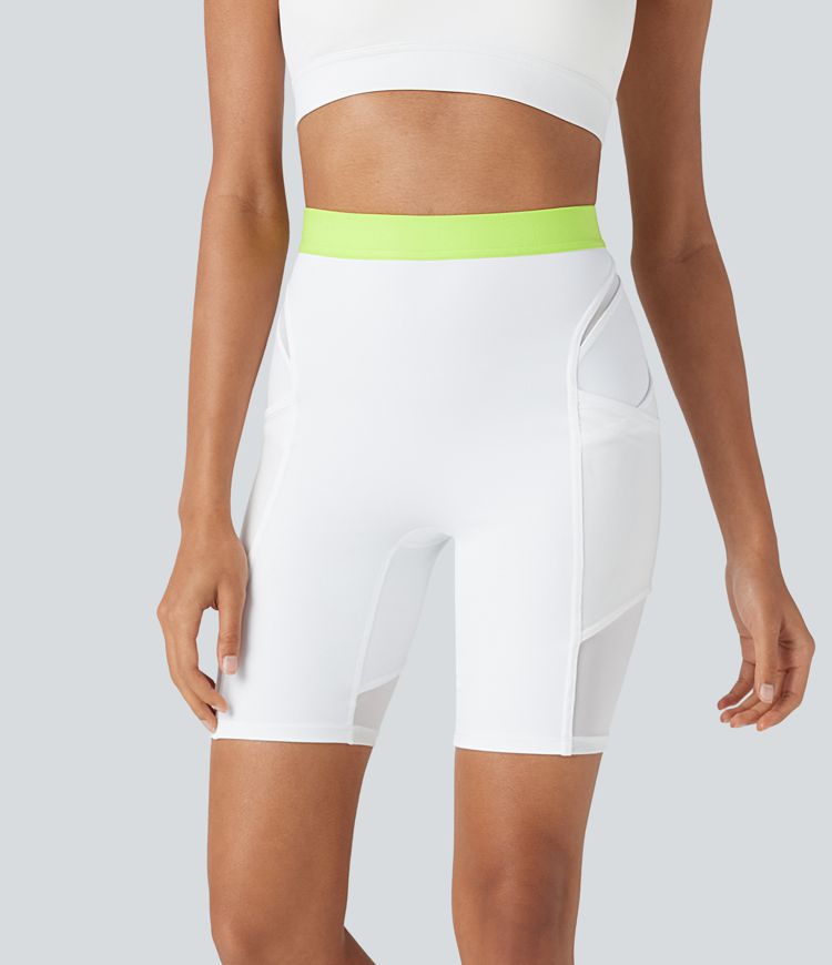 SpeedWave™ High Waisted Contrast Mesh Quick Dry Training Biker Shorts 7'' with Pockets