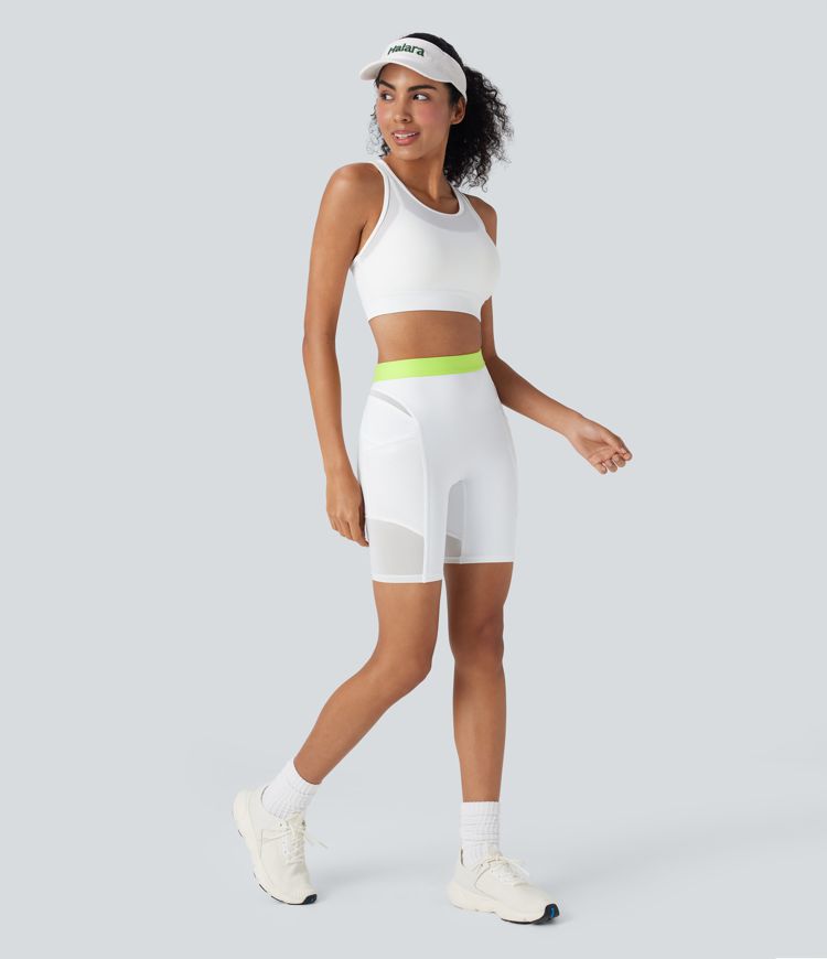 SpeedWave™ High Waisted Contrast Mesh Quick Dry Training Biker Shorts 7'' with Pockets