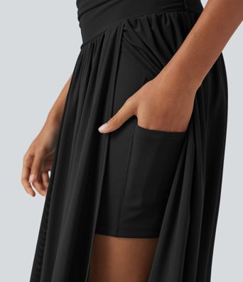 Hohe Taille 2-in-1 Fließender Midi-Tanzrock mit Tasche