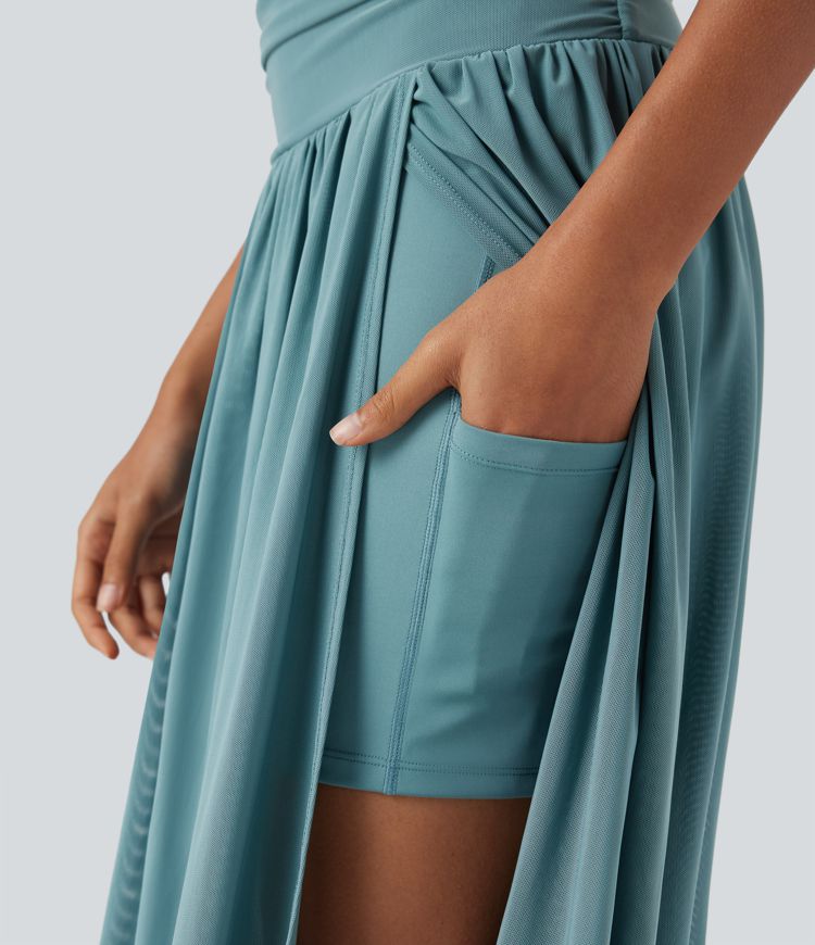 High Waisted 2-in-1 Flowy Midi Dance Skirt with Pocket