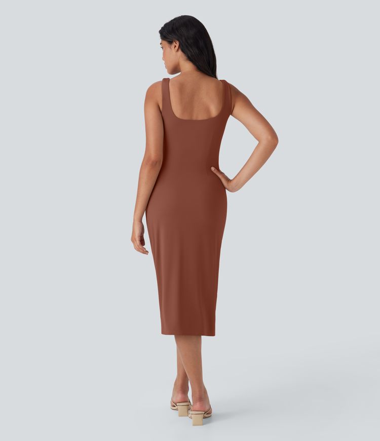 Softlyzero™ Airy Square Neck Backless Corset Ruched Split Bodycon Midi Cool Touch Bridesmaid and Wedding Guest Dress-D/DD/DDD/F Cups