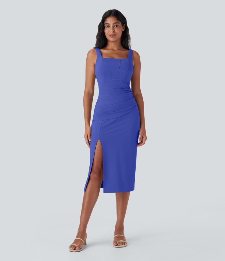 Softlyzero™ Fuller Bust Airy Square Neck Backless Corset Ruched Split Bodycon Midi Cool Touch Bridesmaid and Wedding Guest Dress-D/DD/DDD/F Cups
