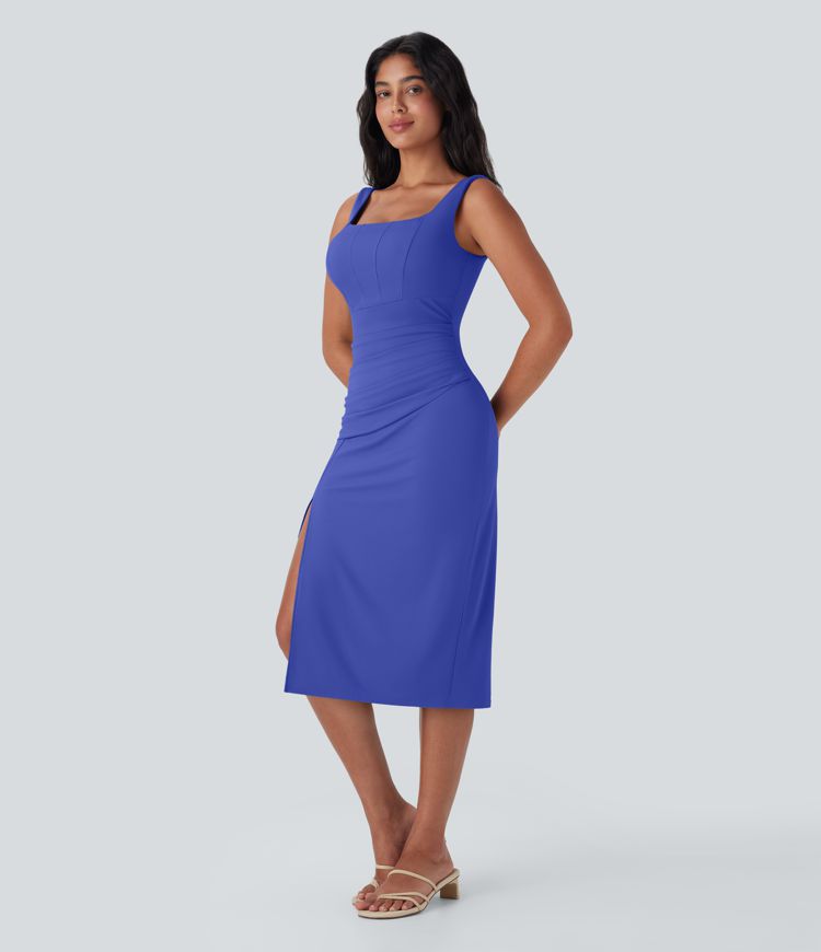 SoftlyZero™ Powiewna sukienka midi z kwadratowym dekoltem, gorsetowa, marszczona, w stylu bodycon, z zasilaczem Cool Touch, rozmiary D-F