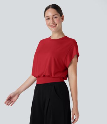 Round Neck Short Batwing Sleeve Work T-Shirt