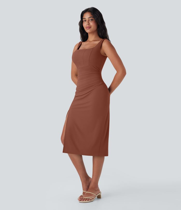 Softlyzero™ Airy Square Neck Backless Corset Ruched Split Bodycon Midi Cool Touch Bridesmaid and Wedding Guest Dress-D/DD/DDD/F Cups