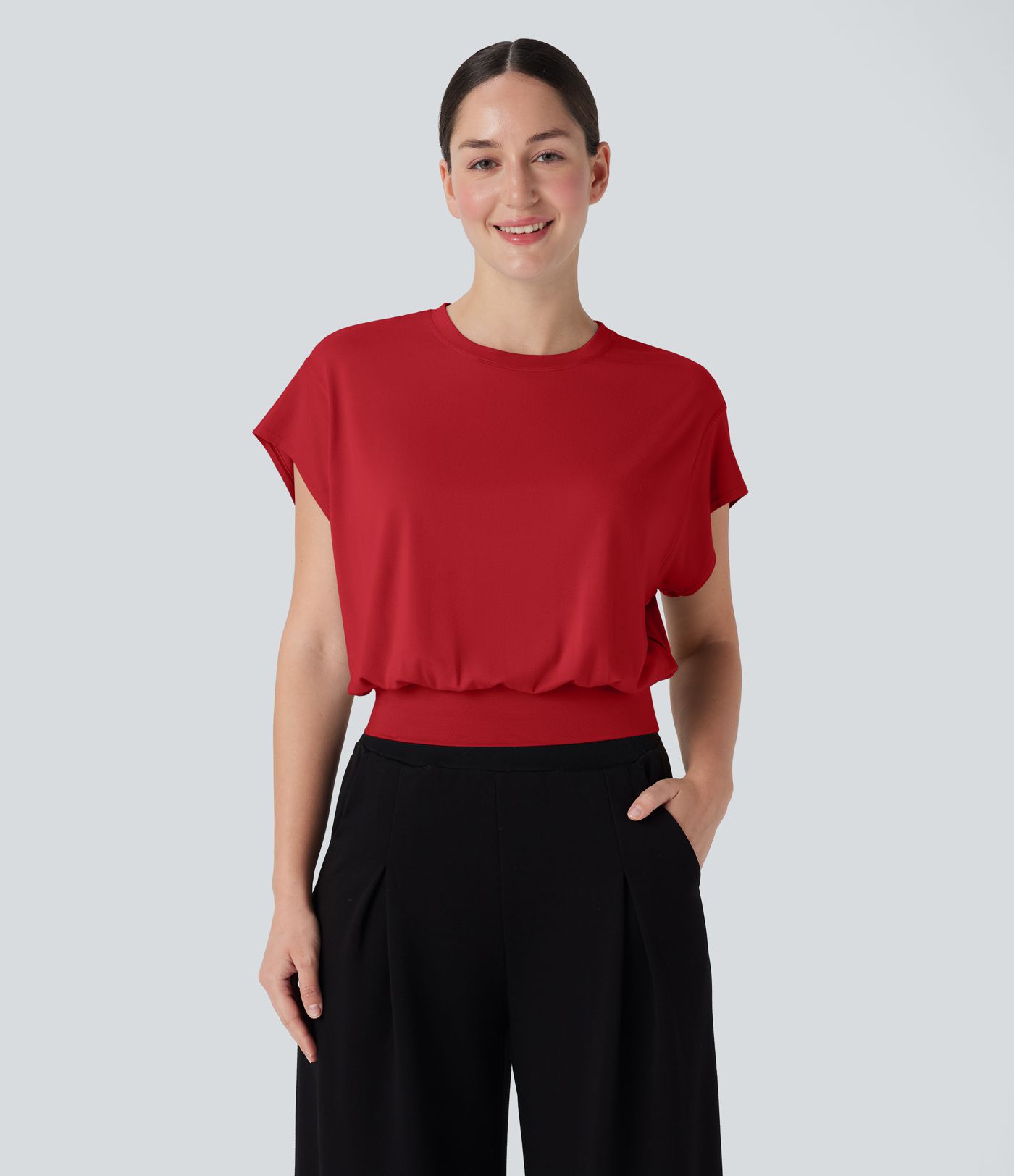 Round Neck Short Batwing Sleeve Work T-Shirt