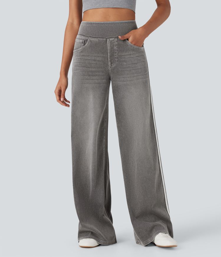 Halara Flex™ High Waisted Stripe Wide Leg Flowy Washed Casual Jeans with Pockets
