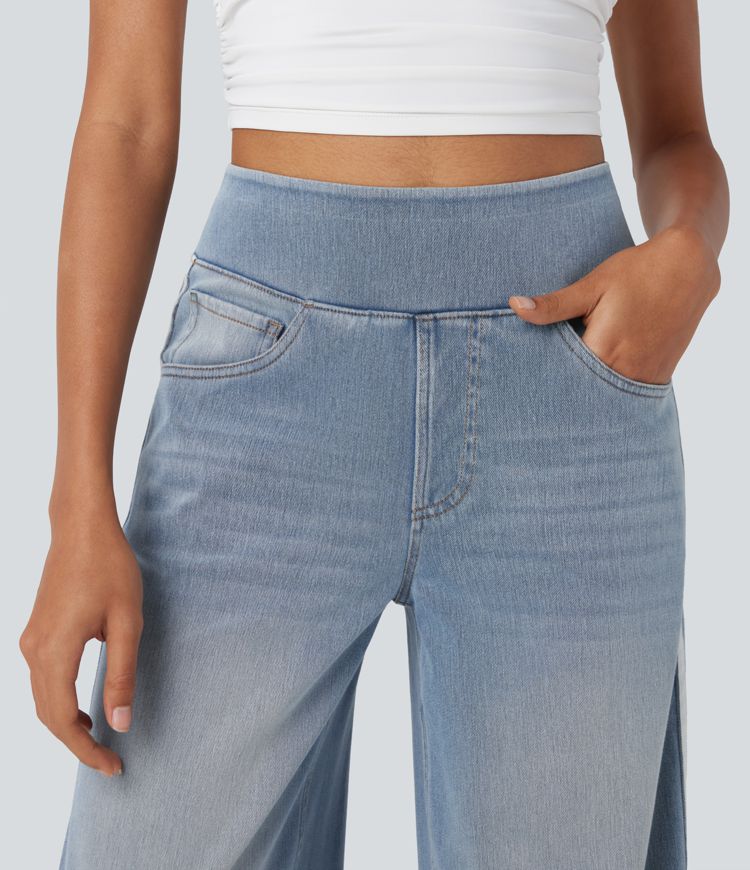 Halara Flex™ High Waisted Stripe Wide Leg Flowy Washed Casual Jeans with Pockets