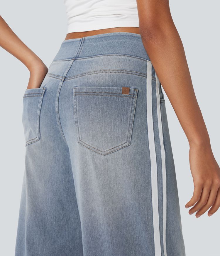 Halara Flex™ High Waisted Stripe Wide Leg Flowy Washed Casual Jeans with Pockets