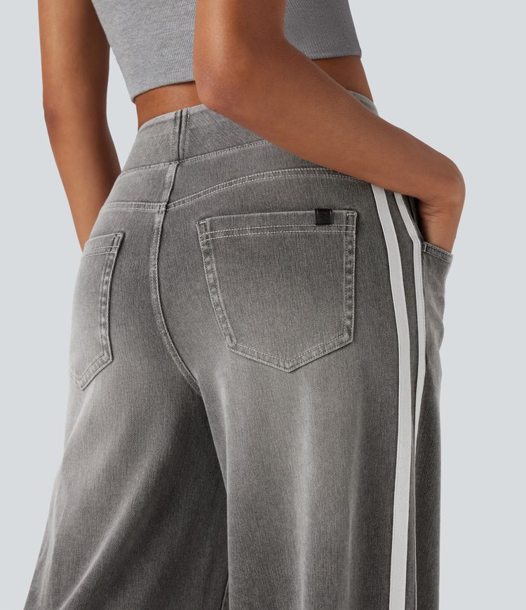 Halara Flex™ High Waisted Stripe Wide Leg Flowy Washed Casual Jeans with Pockets