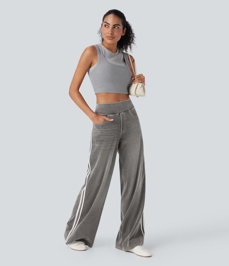 Jean décontracté Halara Flex™ taille haute large fluide à rayures en maille extensible délavée avec multiples poches